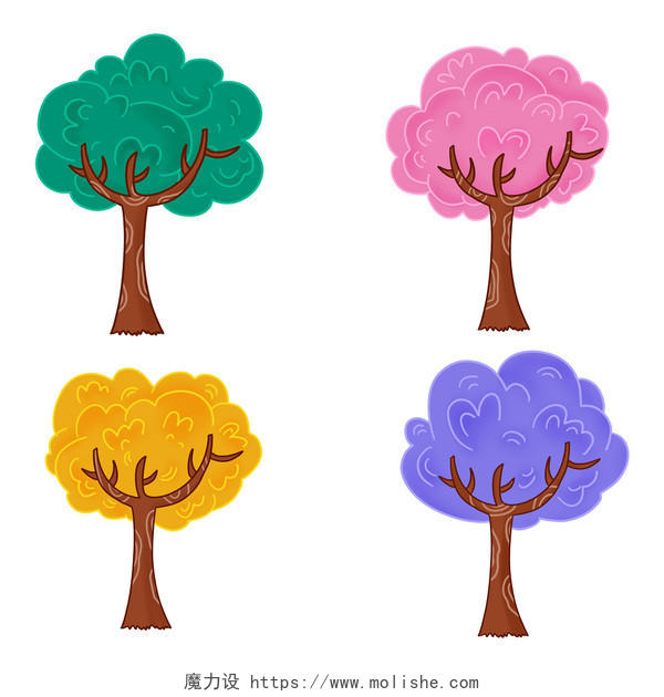 彩色卡通手绘彩色树木素材原创插画海报植物